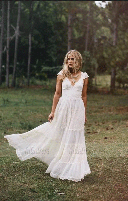 A Line V Neck Short Sleeves Lace Wedding Dresses
