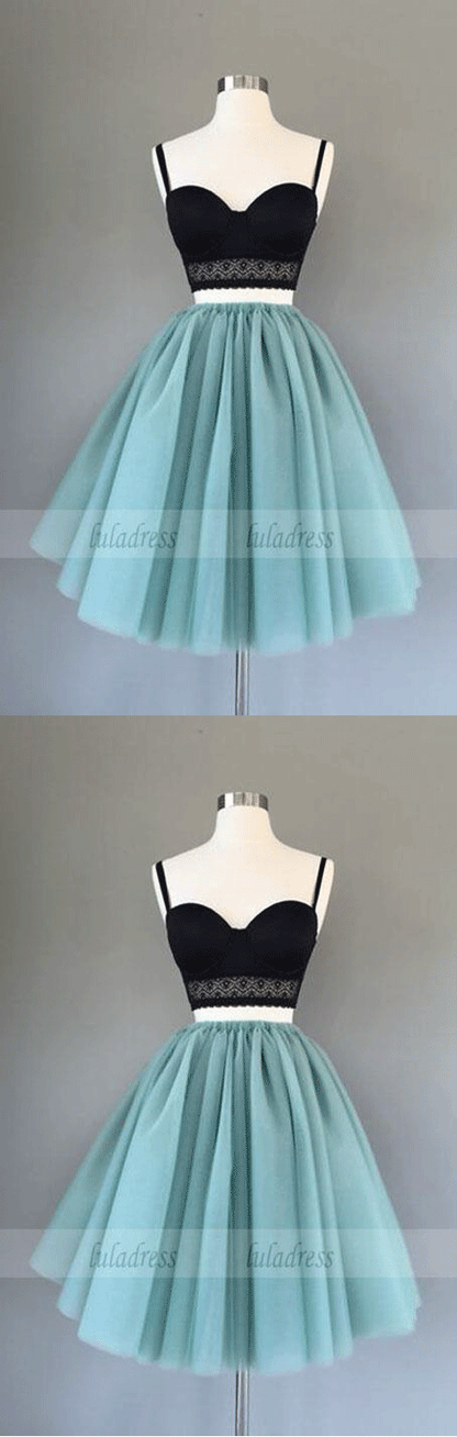 Cute two pieces black top short homecoming dress, tulle prom dresses