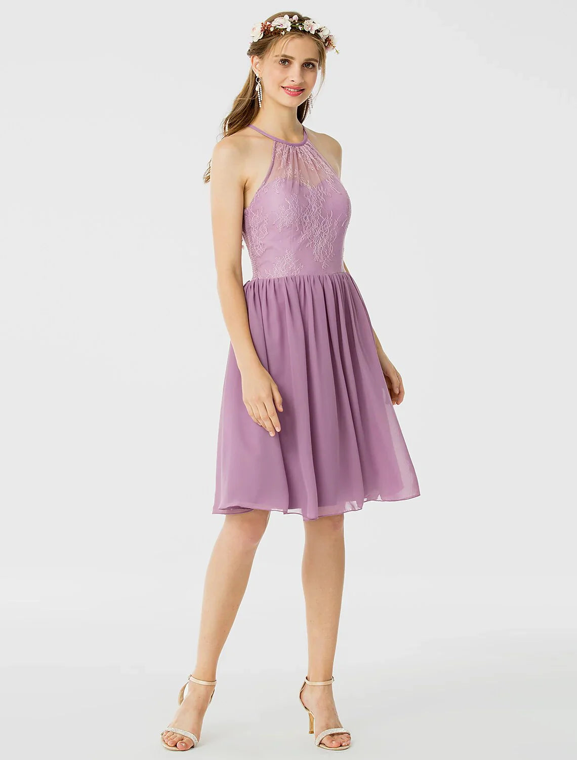 DingjiA-Line / Princess Halter Neck Knee Length Chiffon / Corded Lace Bridesmaid Dress with Sash / Ribbon / Pleats