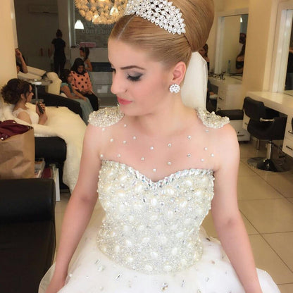 pearl and crystal beaded ivory wedding dresses ball gowns