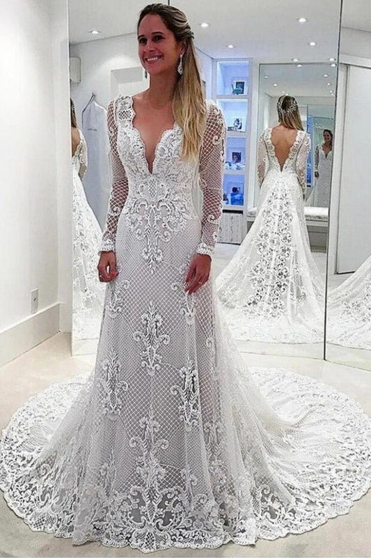Pearl Lace Appliques A-Line Deep V-neck Backless Long Sleeves Wedding Dress