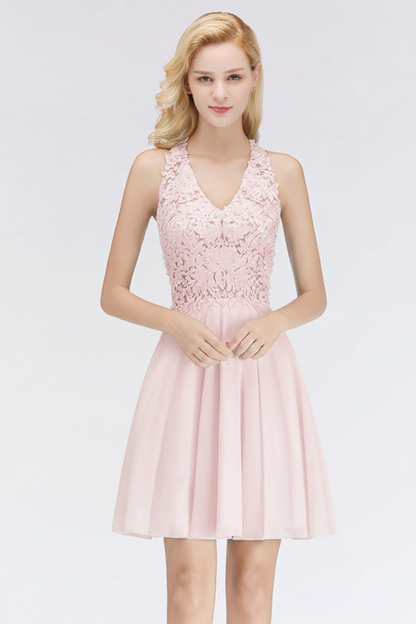 V-Neck Knee Length Floral Lace Birdesmaid Dresses