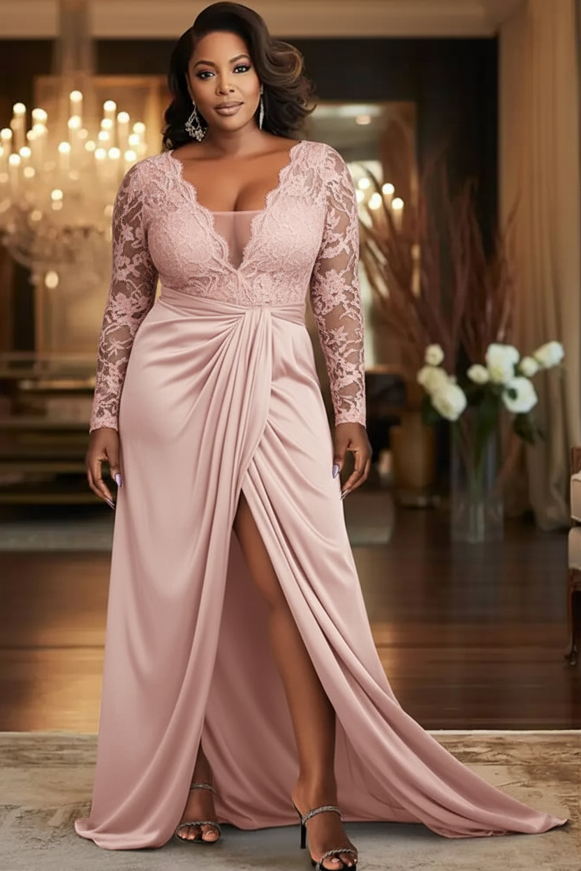 V-Neck Black Mother of the Bride Dress Long Sleeves lace Front Slit Wedding Guest Dress