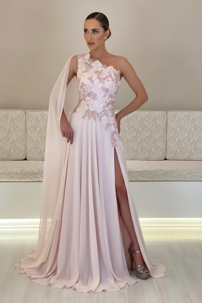 One-Shoulder Sleeveless Chiffon Evening Dresses Long with Side Slit