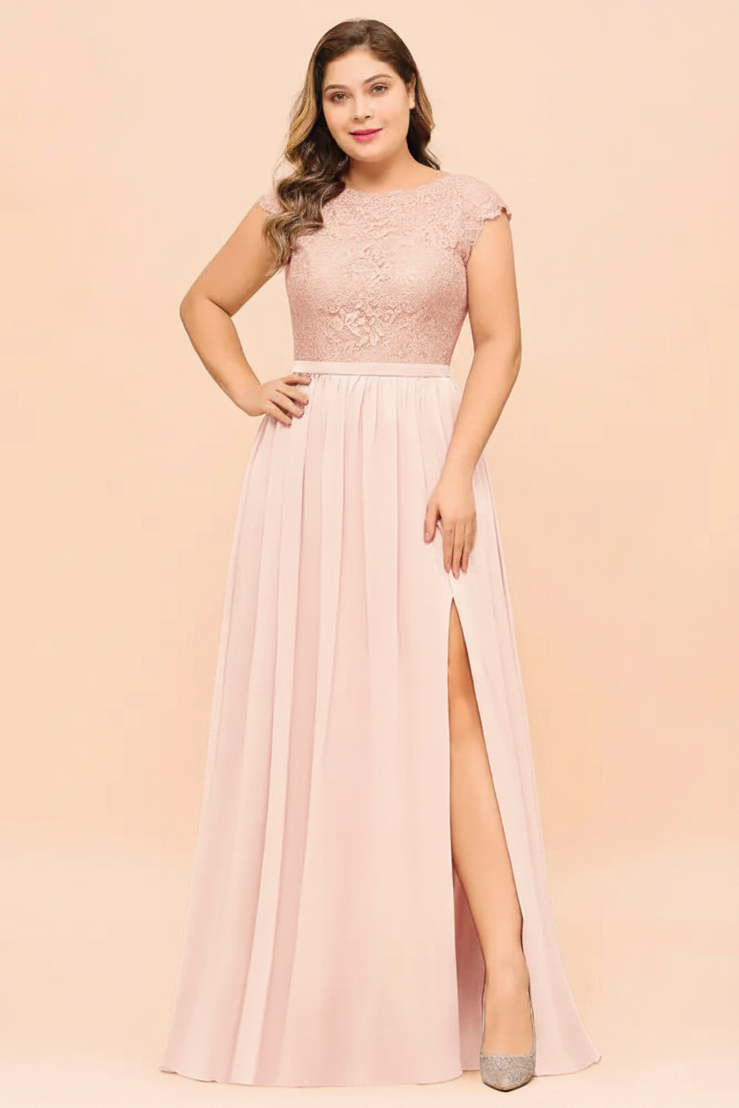 Plus Size Bridesmaid Dress Lace with Split Cap Sleeves Chiffon Wedding Guest Dress
