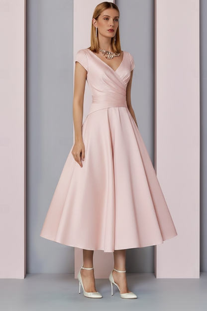 Navy Satin A-Line Mother of the Bride Dress V Neck Tea Length Wedding Guest Dress