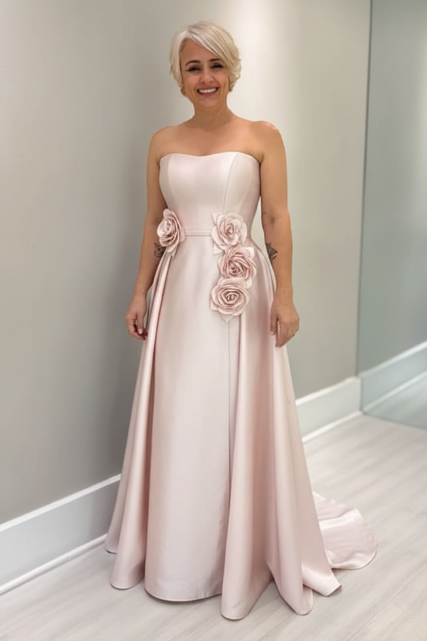 Dusty Blue Satin Mother of the Bride Dress Strapless with Flowers
