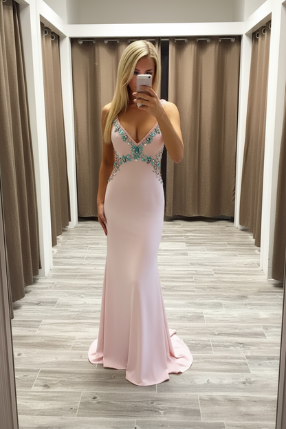 V-Neck Sleeveless Prom Dress Sweep/Brush Train With Beading Spandex Dresses