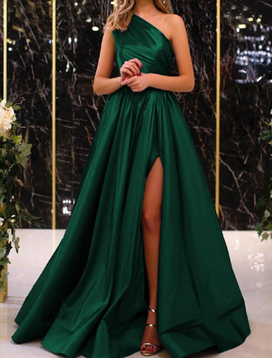 Aimishang A-Line Evening Gown Elegant Dress Wedding Guest Engagement Floor Length Sleeveless One Shoulder Satin with Pleats Slit