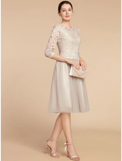 Aimishang A-Line Mother of the Bride Dress Wedding Guest Elegant Petite Jewel Neck Knee Length Lace Tulle Half Sleeve with Pleats Solid Color
