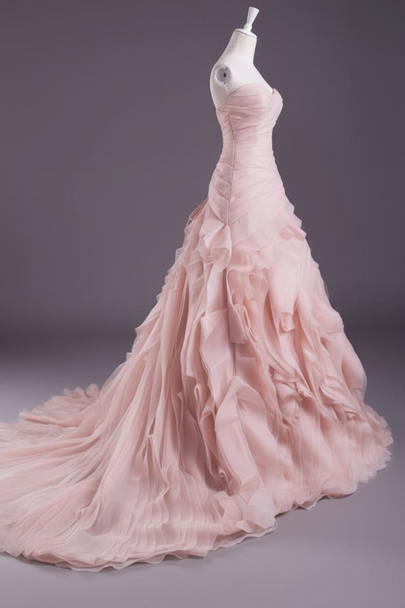 Pink A-Line Strapless Sweetheart Tiered Wedding Gown with Train