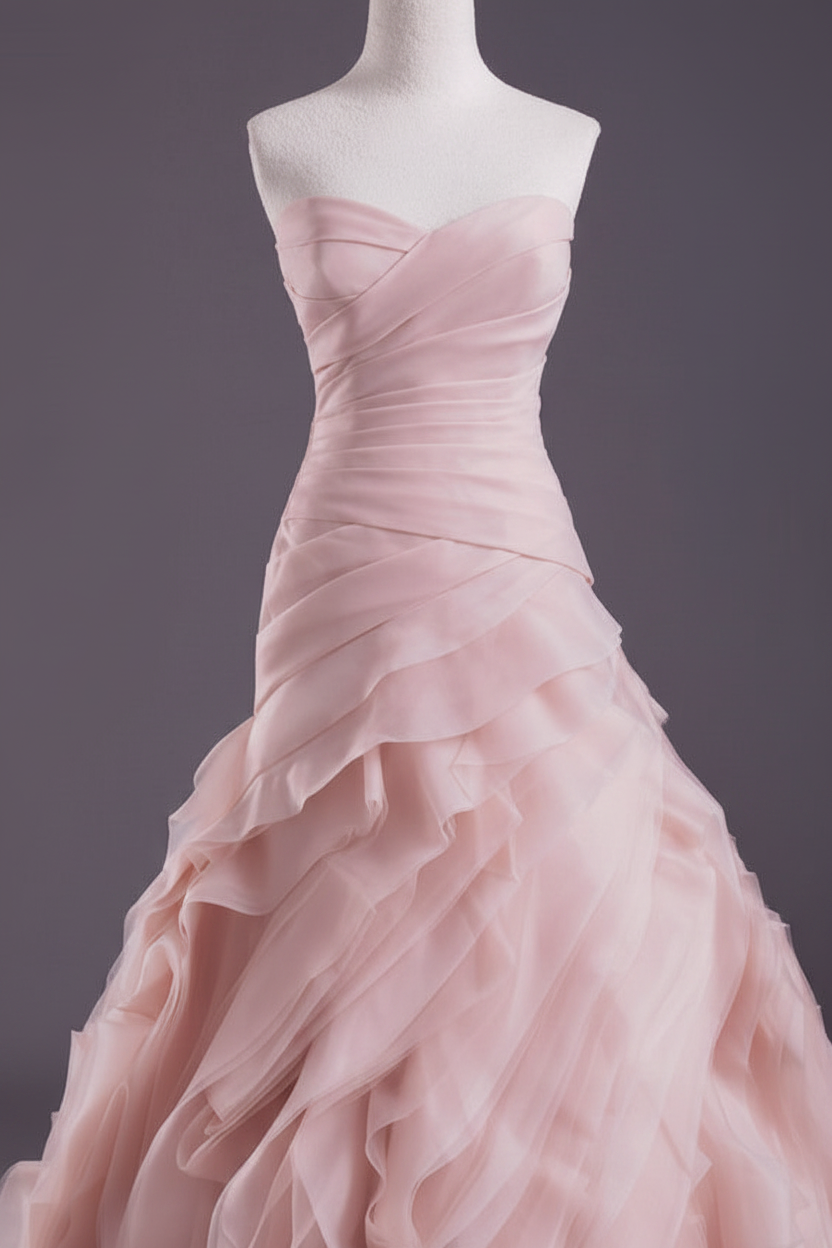 Pink A-Line Strapless Sweetheart Tiered Wedding Gown with Train