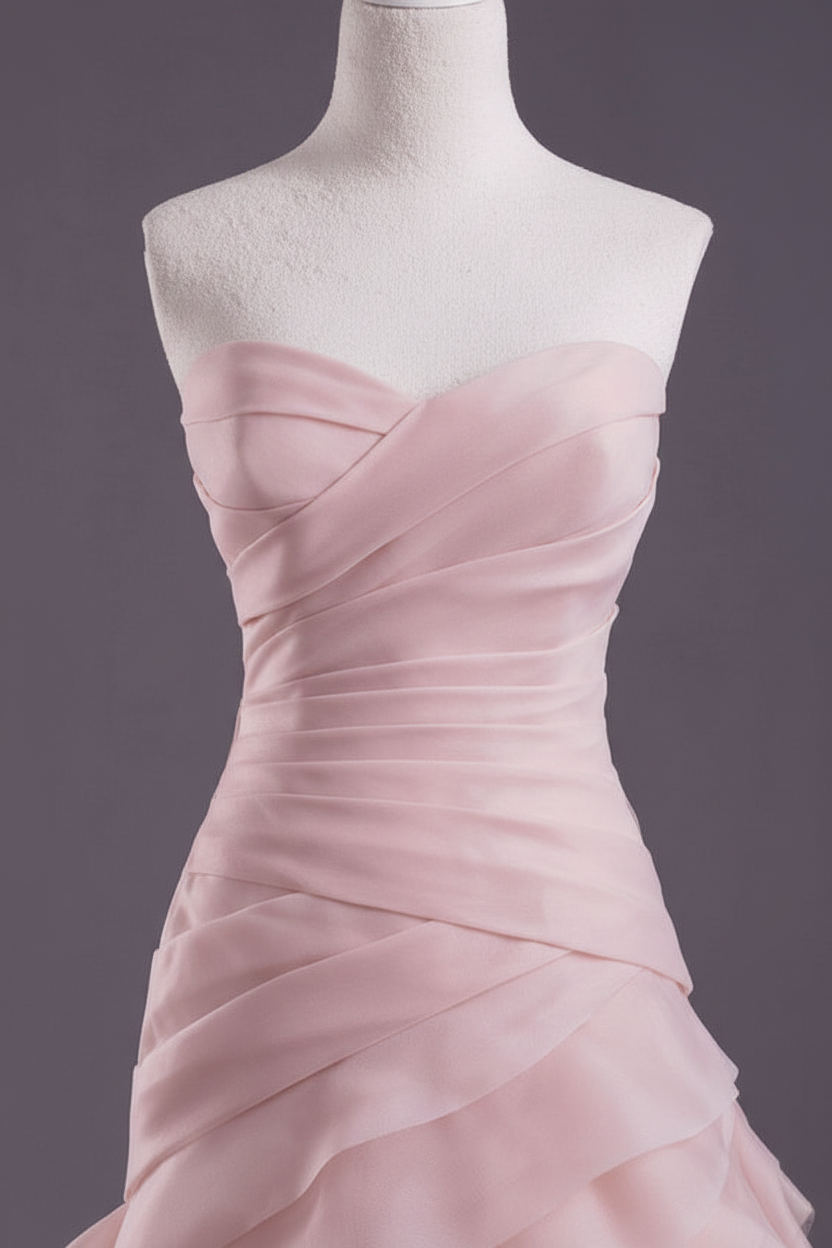 Pink A-Line Strapless Sweetheart Tiered Wedding Gown with Train