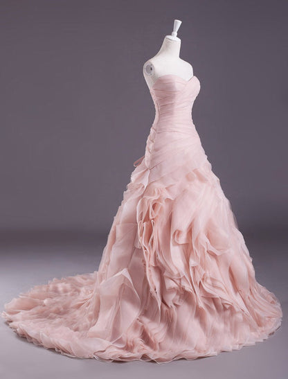 Pink A-Line Strapless Sweetheart Tiered Wedding Gown with Train