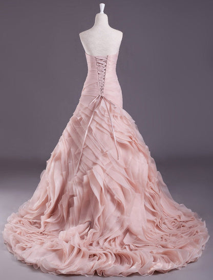 Pink A-Line Strapless Sweetheart Tiered Wedding Gown with Train