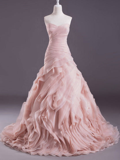 Pink A-Line Strapless Sweetheart Tiered Wedding Gown with Train