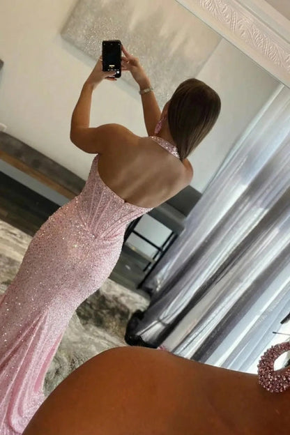 Pink Halter Beaded Mermaid Long Prom Dress with Slit