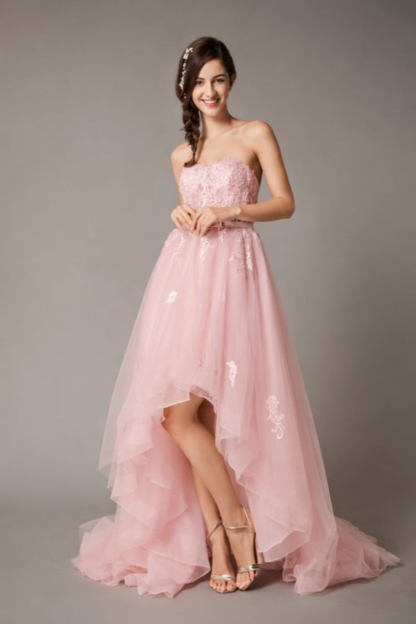 High Low Wedding Dresses Strapless Lace Tulle Bow Sash Asymmetrical Summer Beach Bridal Dress