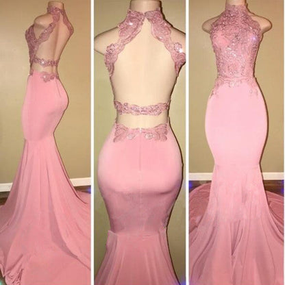 Pink High Neck Open Back Sleeveless Appliques Prom Dresses