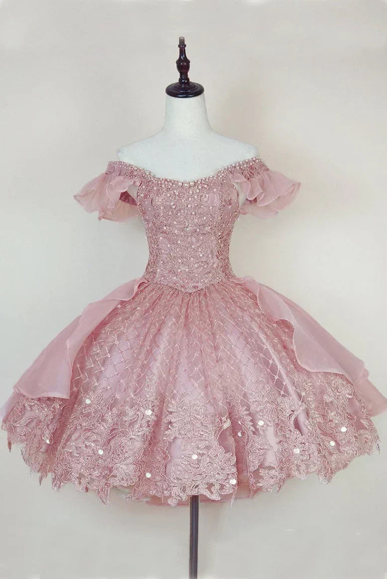 Vintage Pink Beading Design Short Evening Dress, A-line Off-the-shoulder Homecoming Dress HZ1024