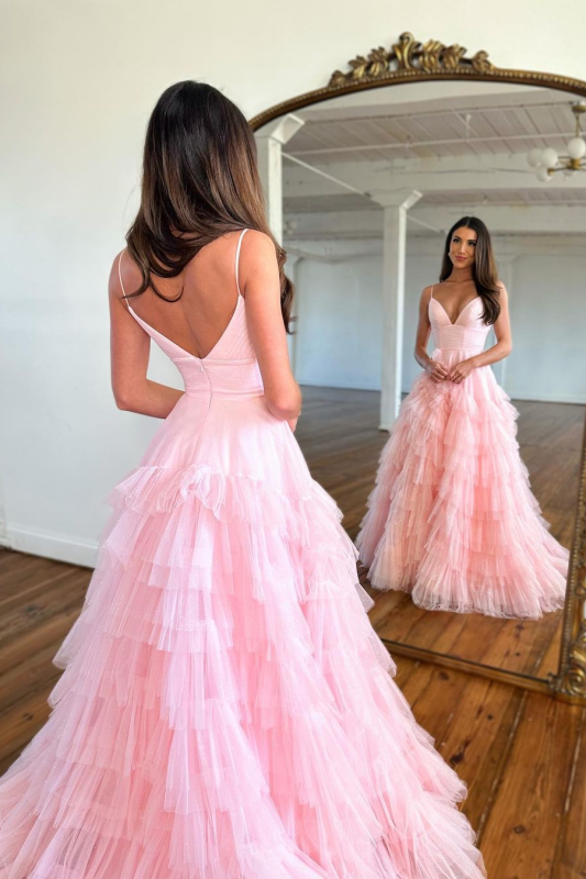 Pink Prom Dress Mermaid Sleeveless Spaghetti Straps Tulle Aline Evening Dress