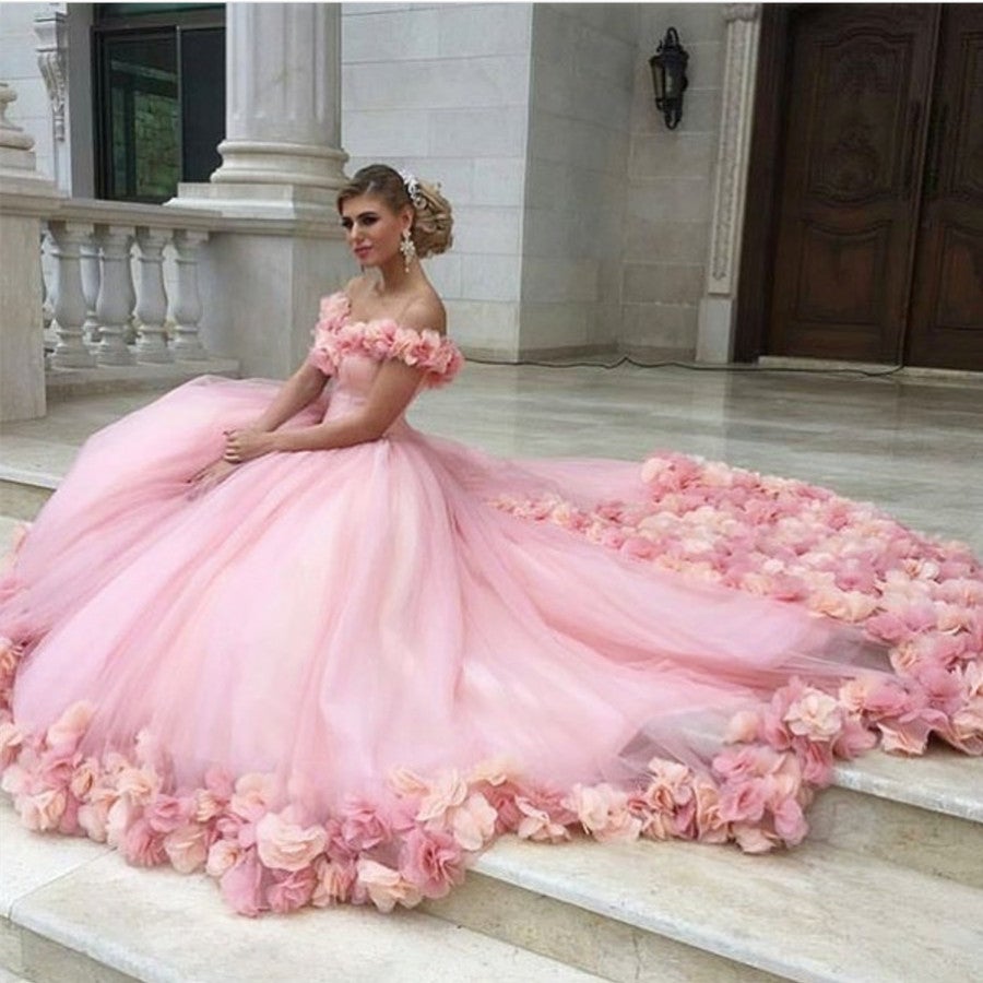pink tulle flower ball gowns wedding dress off the shoulder