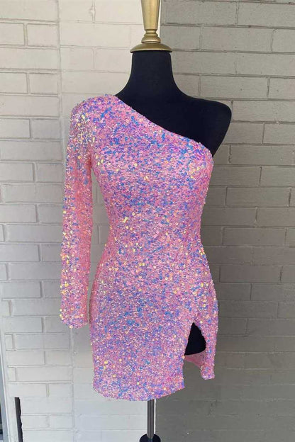 One Shoulder Sequined Homecoming Dress Hot Pink Long Sleeve