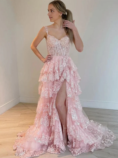 Aimishang A Line Tulle Appliques Off-the-Shoulder Ruffle Long Prom Dress Sweetheart Tiered Skirt Corset Lace Formal Dress Charming Evening Party Sparkly Dress