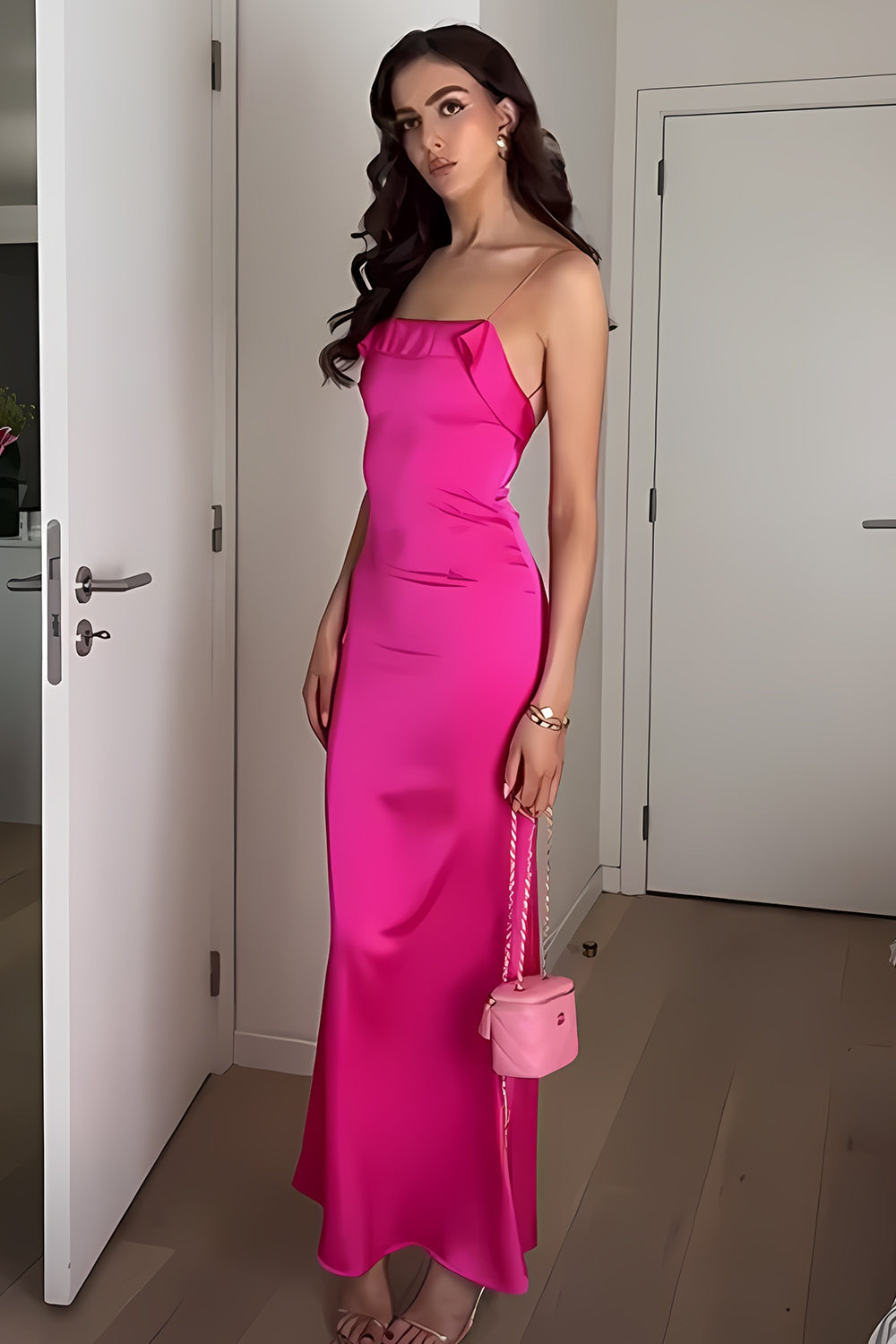 Charming Sheath Spaghetti Straps Fuchsia Long Prom Dresses,Party Dresses