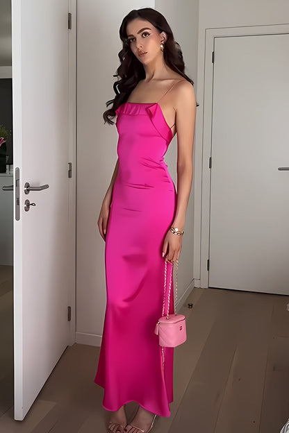Charming Sheath Spaghetti Straps Fuchsia Long Prom Dresses,Party Dresses