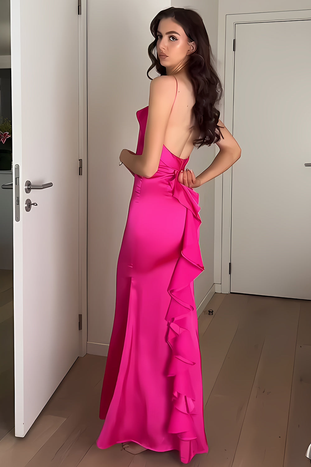 Charming Sheath Spaghetti Straps Fuchsia Long Prom Dresses,Party Dresses