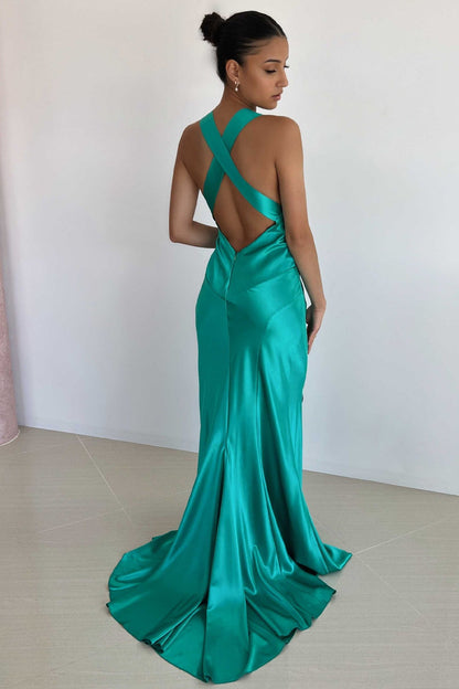 Simple Sheath V Neck Yellow Satin Mermaid Long Prom Dresses