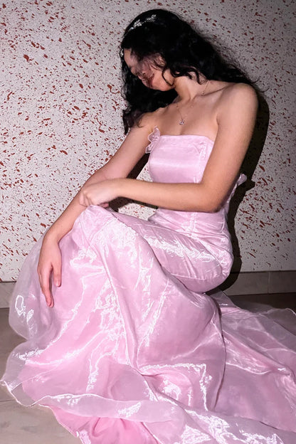 Princess Mermaid Strapless Organza Pink Long Prom Dresses