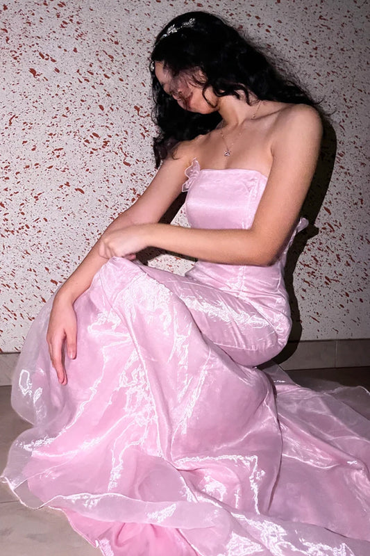 Princess Mermaid Strapless Organza Pink Long Prom Dresses