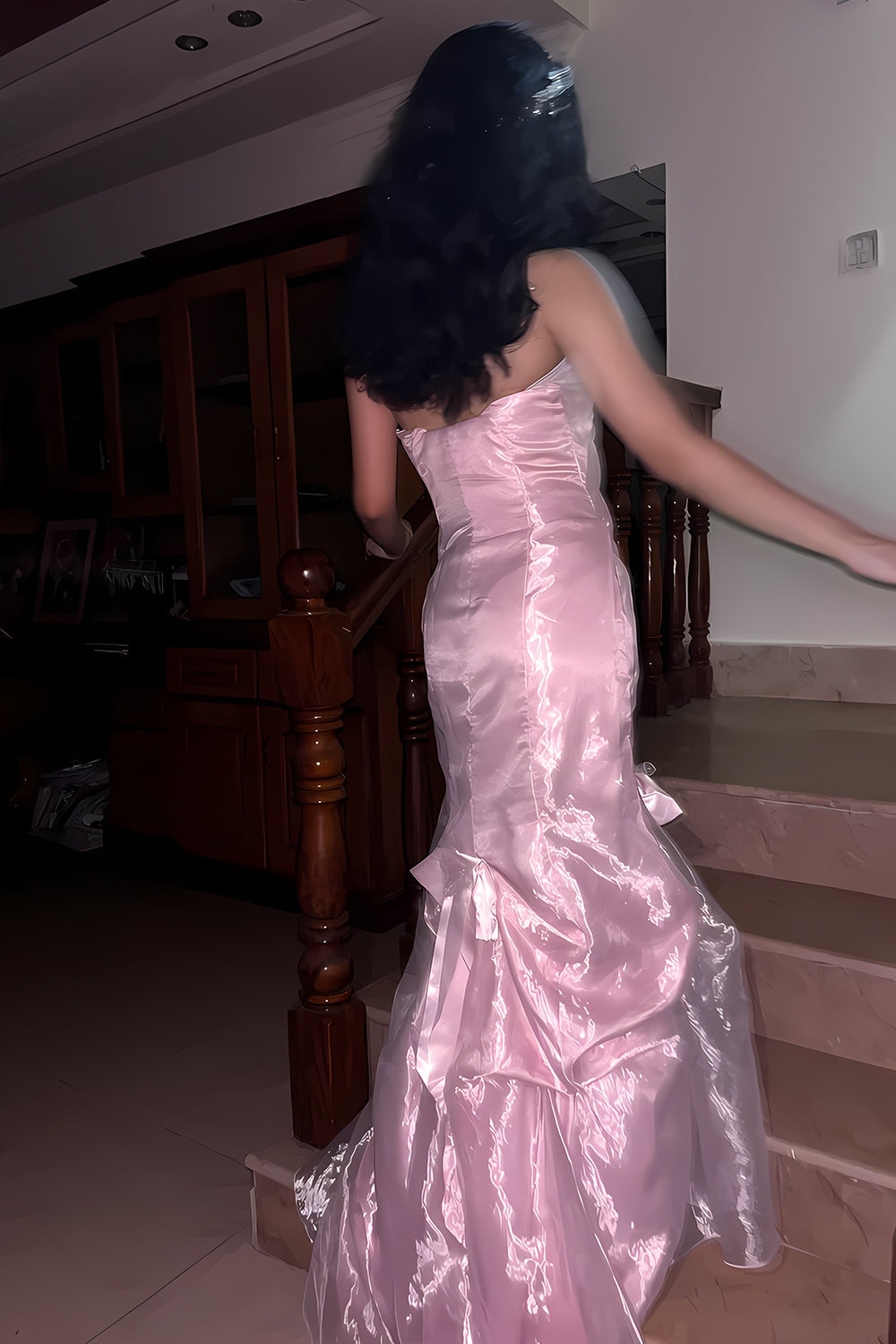 Princess Mermaid Strapless Organza Pink Long Prom Dresses