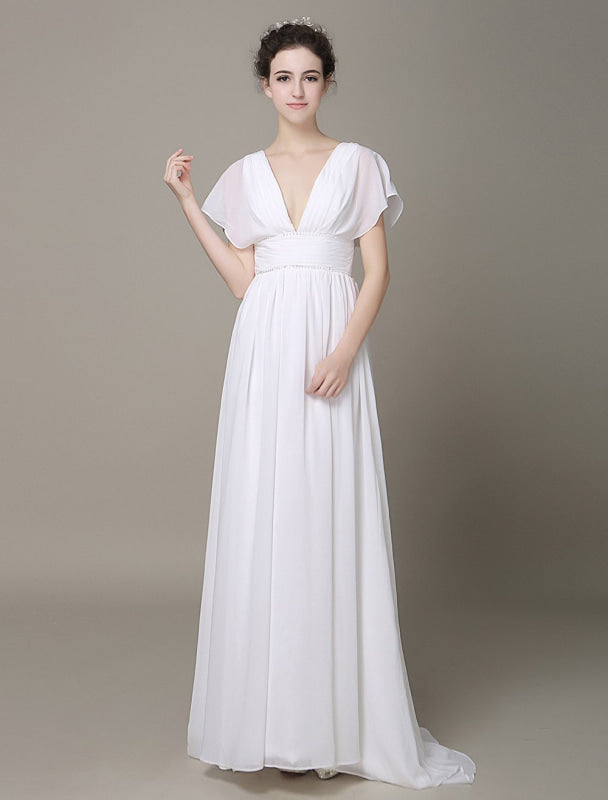 Plunging Chiffon Beach Wedding Dress A-Line Ivory V-Neck Pleated Belt Short Sleeves Bridal Dress With Court Train Exclusive