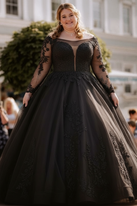 Plus Size A-Line Wedding Dress with Long Sleeves Romantic Tulle Bridal Gown