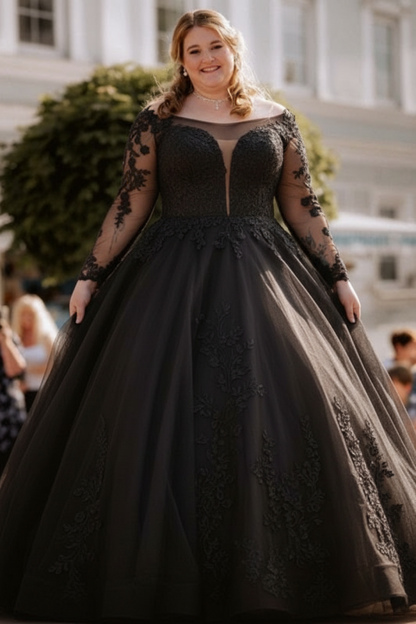 Plus Size A-Line Wedding Dress with Long Sleeves Romantic Tulle Bridal Gown