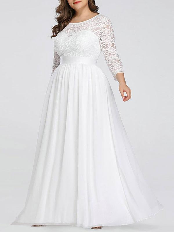 Plus Size A-Line Wedding Dresses 3/4 Length Sleeves Lace Jewel Neck Bridesmaid Dress