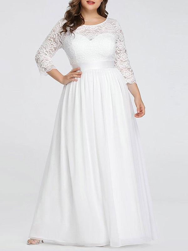 Plus Size A-Line Wedding Dresses 3/4 Length Sleeves Lace Jewel Neck Bridesmaid Dress