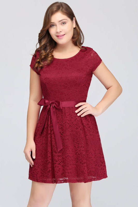 Plus Size Knee Length Jewel Burgundy Bridesmaid dress Lace with Short Sleeves