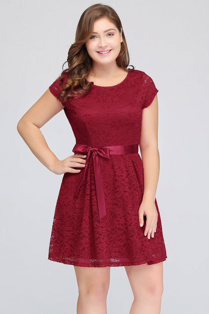 Plus Size Knee Length Jewel Burgundy Bridesmaid dress Lace with Short Sleeves