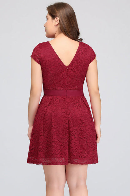 Plus Size Knee Length Jewel Burgundy Bridesmaid dress Lace with Short Sleeves