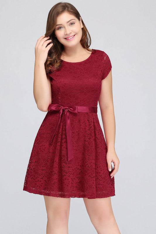 Plus Size Knee Length Jewel Burgundy Bridesmaid dress Lace with Short Sleeves