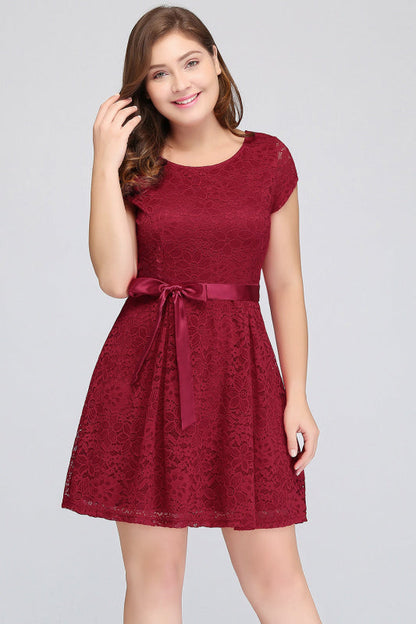 Plus Size Knee Length Jewel Burgundy Bridesmaid dress Lace with Short Sleeves