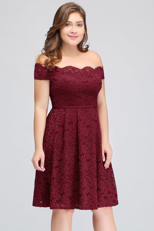 Plus Size Off-the-Shoulder Burgundy Short Bridesmaid Dress Lace