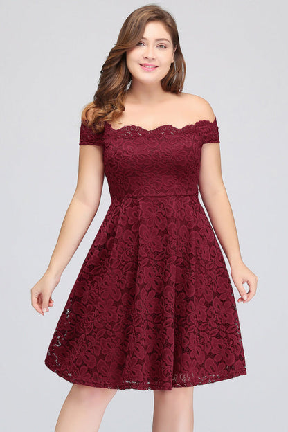 Plus Size Off-the-Shoulder Burgundy Short Bridesmaid Dress Lace