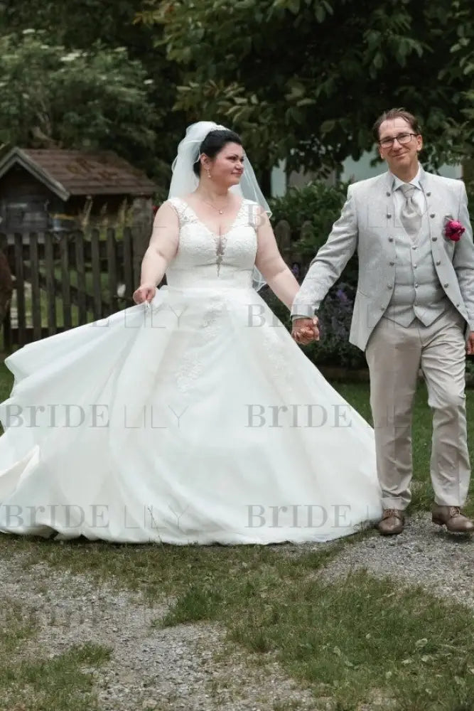 Plus Size Wedding Dress Tulle Lace Aline Bridal Dress V-neck with Appliques