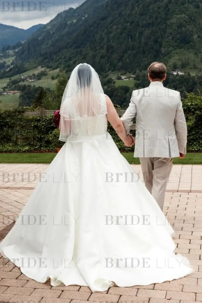 Plus Size Wedding Dress Tulle Lace Aline Bridal Dress V-neck with Appliques