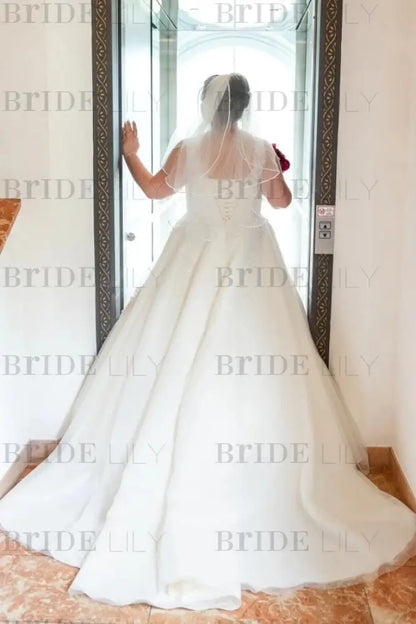 Plus Size Wedding Dress Tulle Lace Aline Bridal Dress V-neck with Appliques